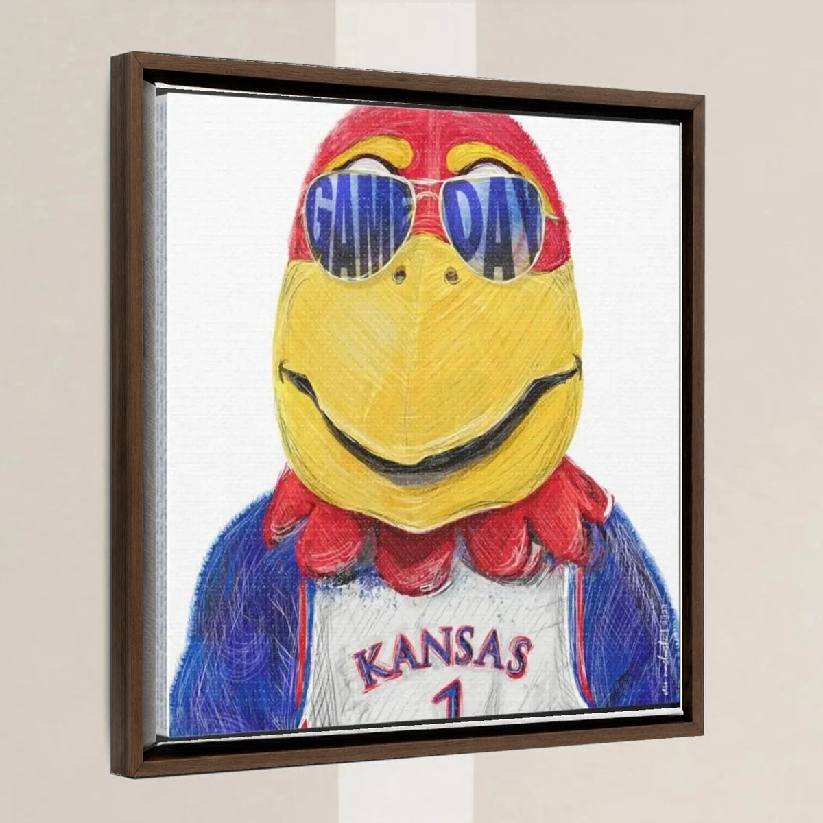 KU Jayhawk Game Day Art: University of Kansas Sunglasses Canvas Print in a walnut float frame