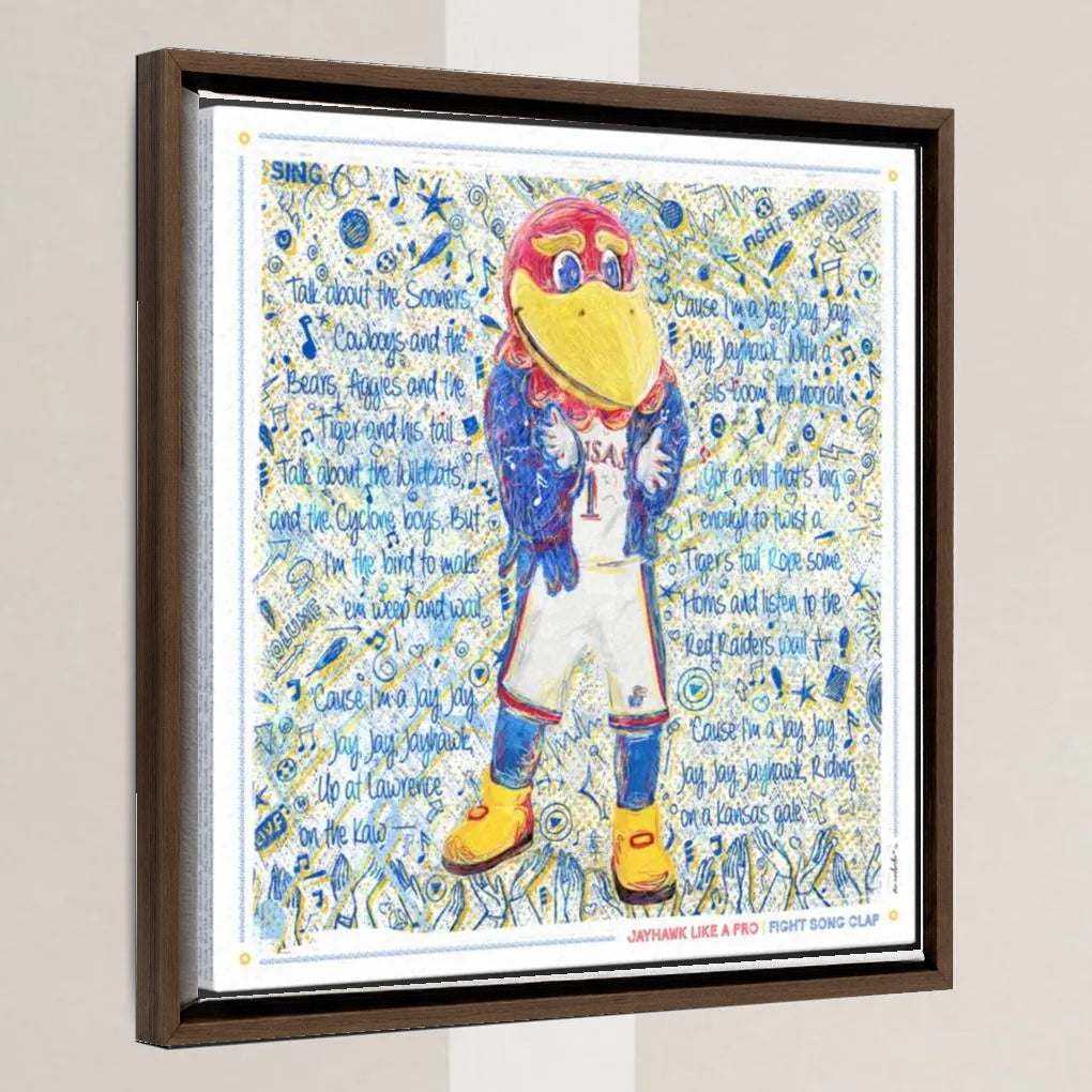 KU Jayhawk Fight Song Clap Art: Kansas University Sketches Canvas Print in a walnut float frame