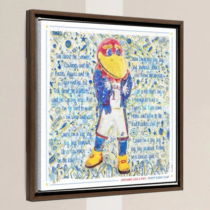 KU Jayhawk Fight Song Clap Art: Kansas University Sketches Canvas Print in a walnut float frame