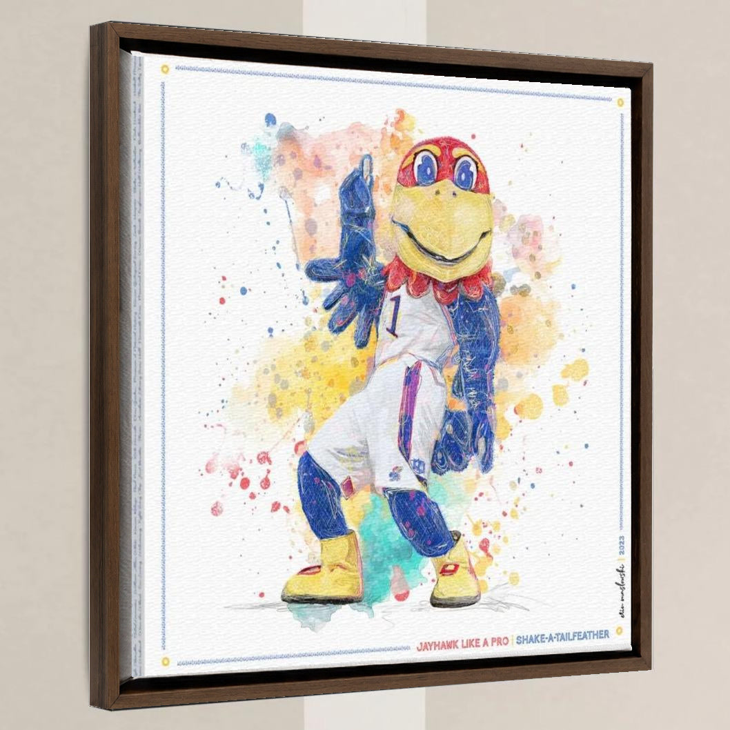 KU Jayhawk Shake-a-Tailfeather Art: University of Kansas Dance Splatter Canvas Print in a walnut float frame