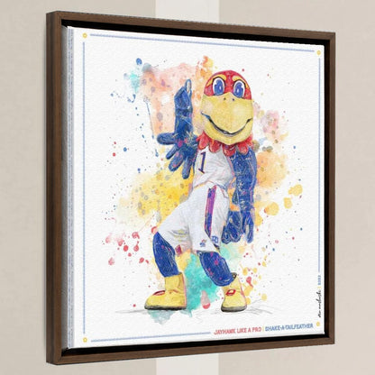 KU Jayhawk Shake-a-Tailfeather Art: University of Kansas Dance Splatter Canvas Print in a walnut float frame