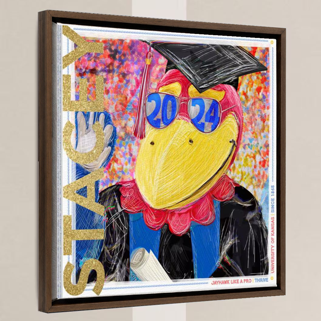 KU Personalized Kansas Jayhawks Graduation Canvas Print: Student Art Gift in a walnut float frame