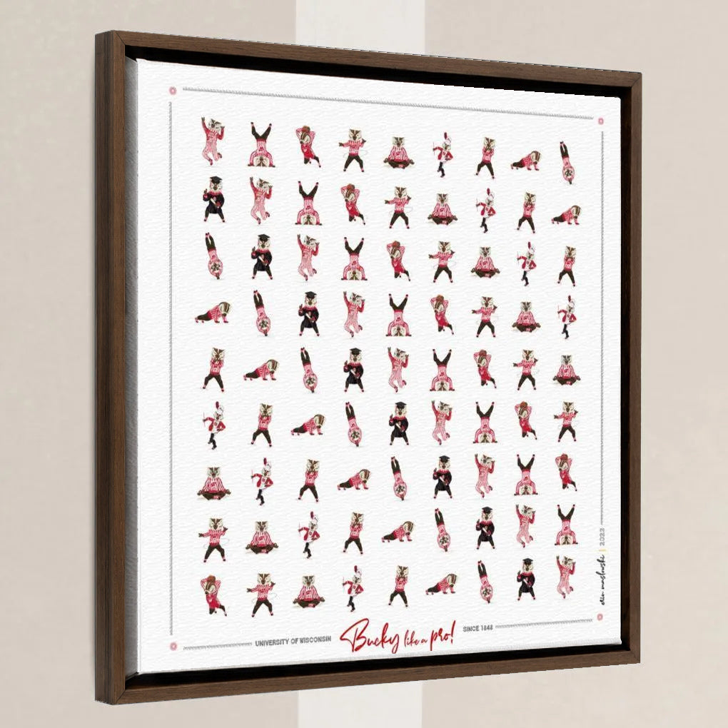 Bucky Badger Pattern Art: Wisconsin Mascot Moves Canvas Print in a walnut float frame