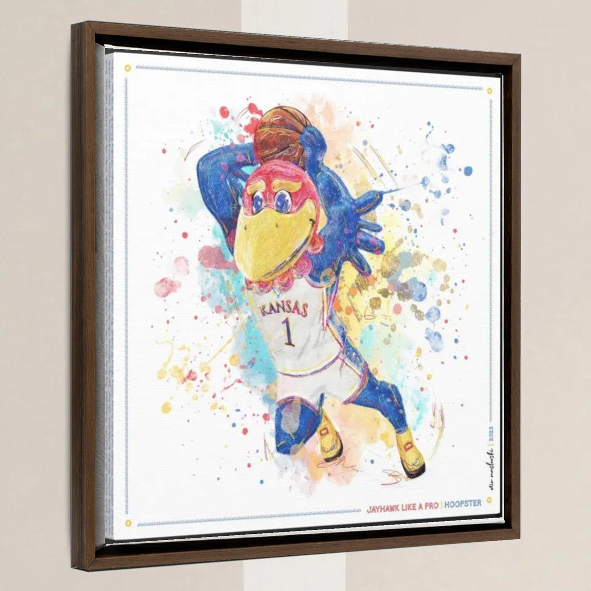 KU Jayhawk Hoopster Art: University of Kansas Basketball Splatter Paint Canvas Print in a walnut float frame