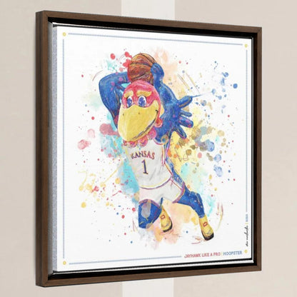 KU Jayhawk Hoopster Art: University of Kansas Basketball Splatter Paint Canvas Print in a walnut float frame