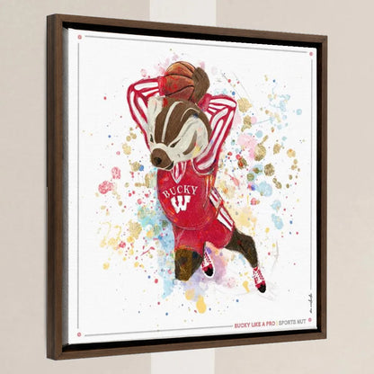 UW Bucky Badger Basketball Art: Wisconsin Sports Nut Canvas Print in a walnut float frame