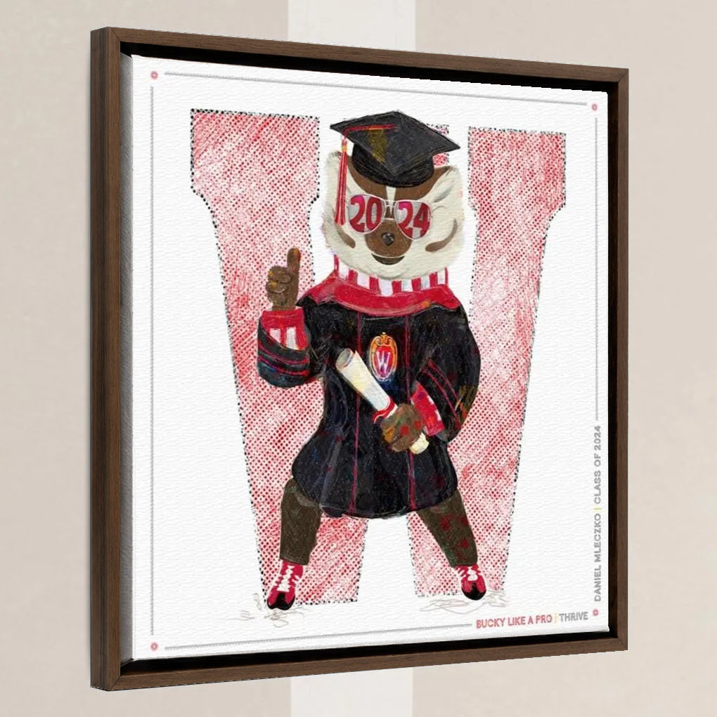 UW Personalized Bucky Badger Graduation Art: Wisconsin Canvas Print in a walnut float frame