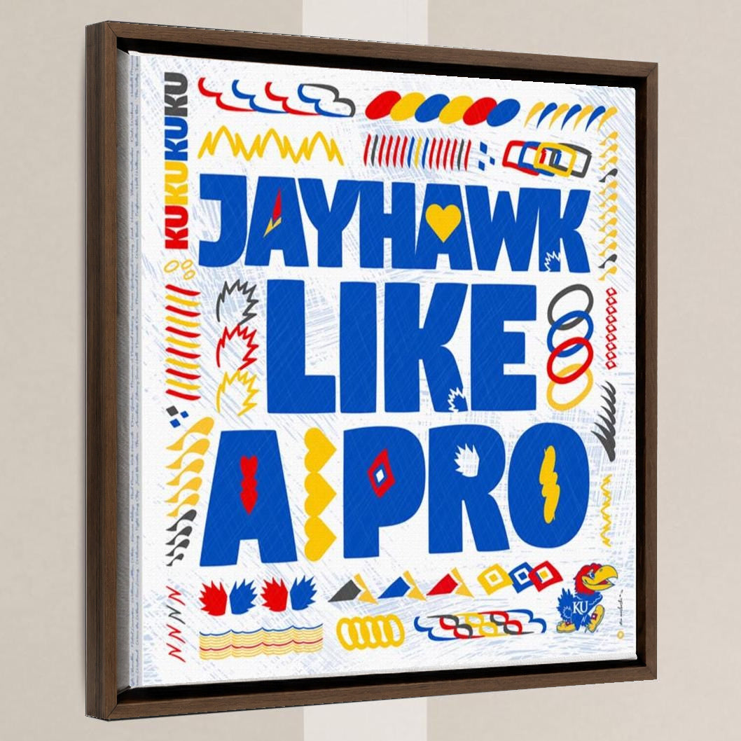 KU Jayhawk like a Pro Word Art: Kansas Canvas Print in a walnut float frame
