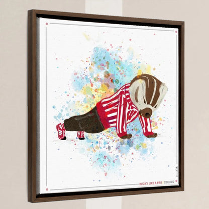 UW Bucky Badger Push-Ups Art: University of Wisconsin Strong Splatter Canvas Print in a walnut float frame