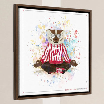 UW Bucky Badger Just Breathe Art: Wisconsin Splatter Paint Canvas Print in a walnut float frame