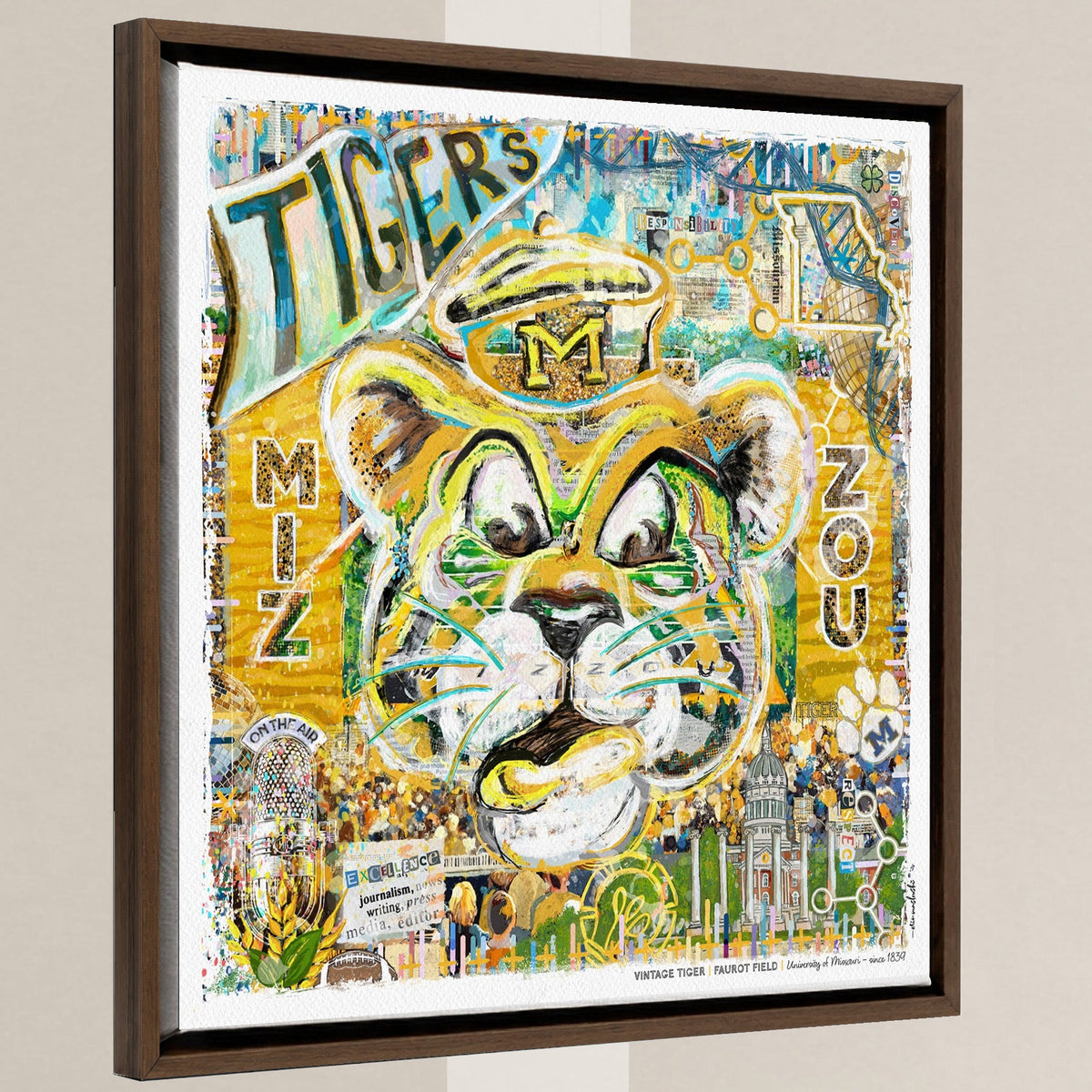 MU Vintage Mizzou Truman Tiger Art: Faurot Field Missouri Canvas Print in a walnut float frame