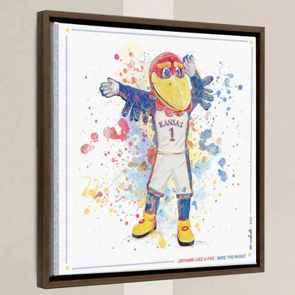 KU Jayhawk Wave the Wheat Art: University of Kansas Splatter Paint Canvas Print in a walnut float frame