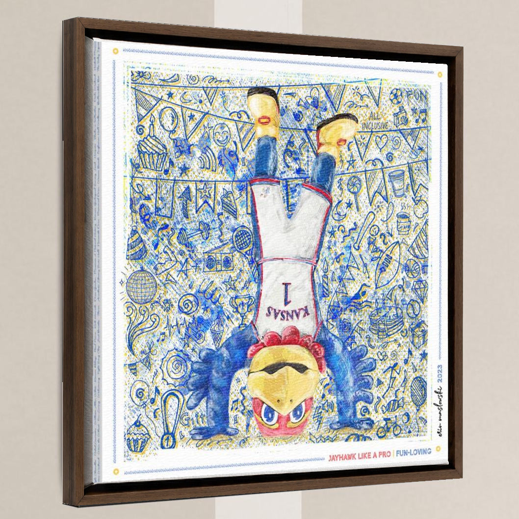 KU Jayhawk Fun-Loving Art: University of Kansas Handstand Sketches Canvas Print in a walnut float frame