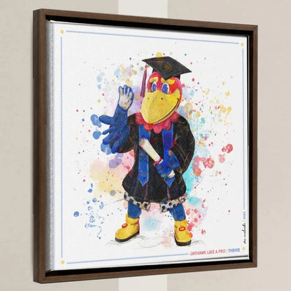 KU Jayhawk Thrive Art: University of Kansas Graduation Splatter Paint Canvas Print in a walnut float frame