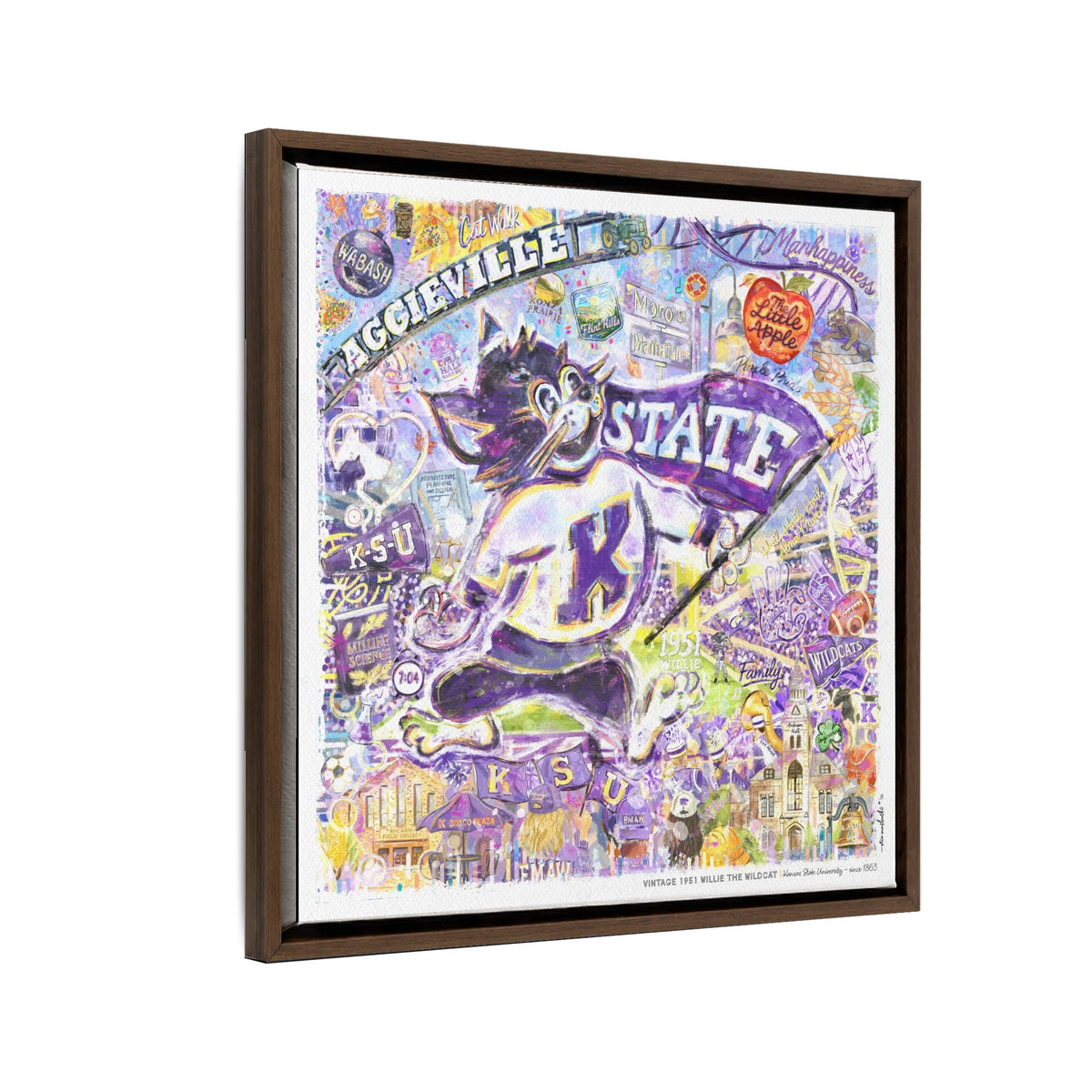 Kansas State 1951 Willie the Wildcat - Bill Snyder Family Stadium in a walnut float frame
