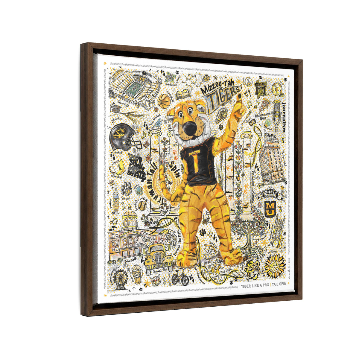 MU Mizzou Truman Tiger Tail Spin Line Art: University of Missouri Canvas Print in a walnut float frame