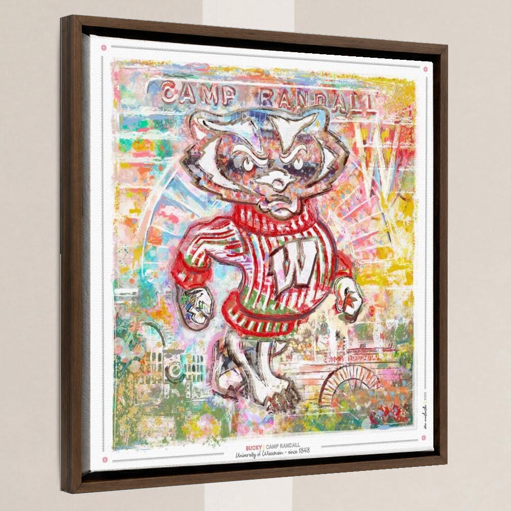 UW Bucky Badger Camp Abstract Art: Wisconsin Canvas Print in a walnut float frame