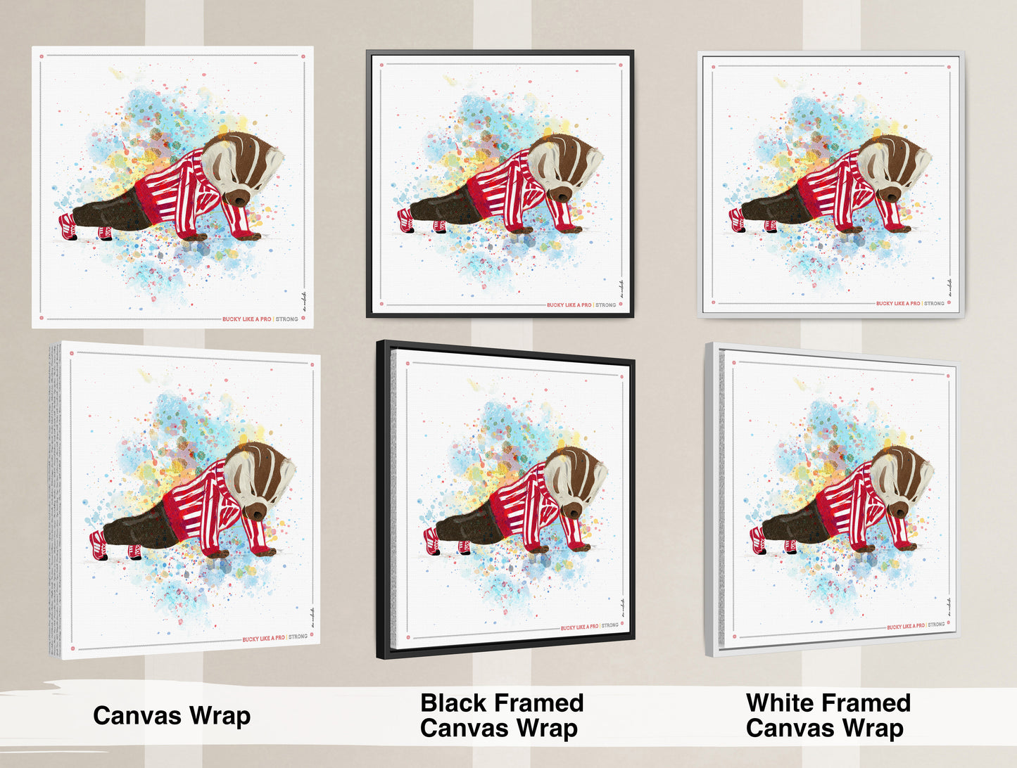 UW Bucky Badger Push-Ups Art: University of Wisconsin Strong Splatter Canvas Print