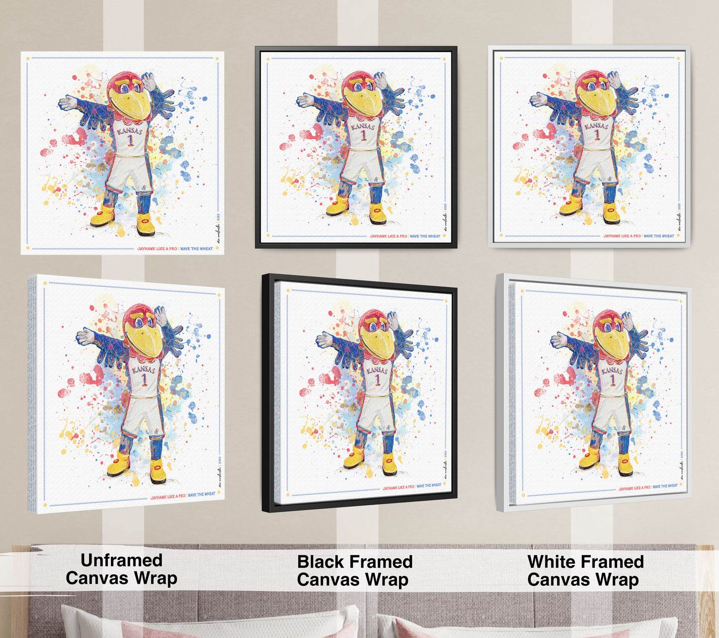 KU Jayhawk Wave the Wheat Art: University of Kansas Splatter Paint Canvas Print