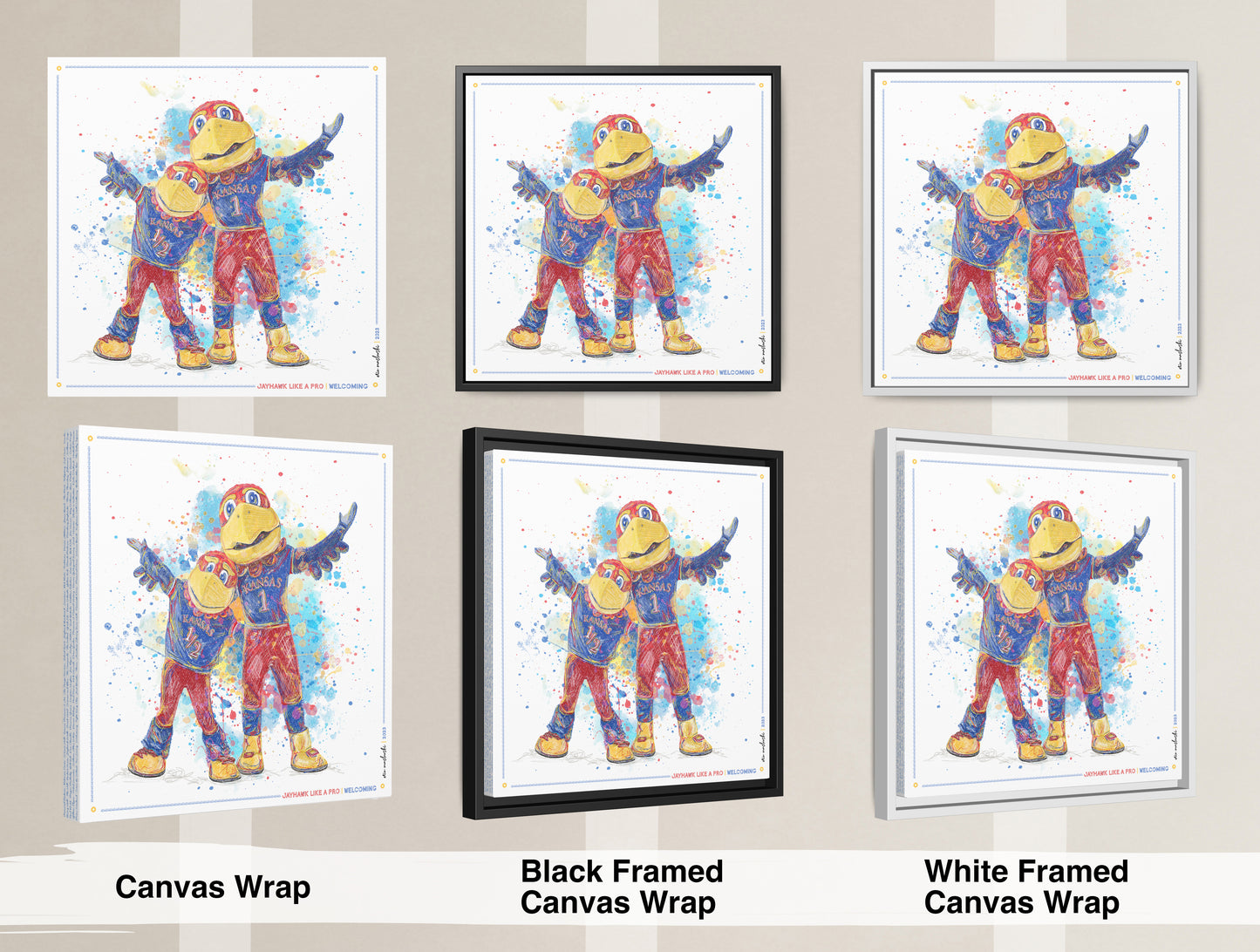 KU Jayhawk Welcoming Art: University of Kansas Big Jay and Baby Jay Splatter Canvas Print