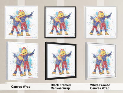 KU Jayhawk Welcoming Art: University of Kansas Big Jay and Baby Jay Splatter Canvas Print