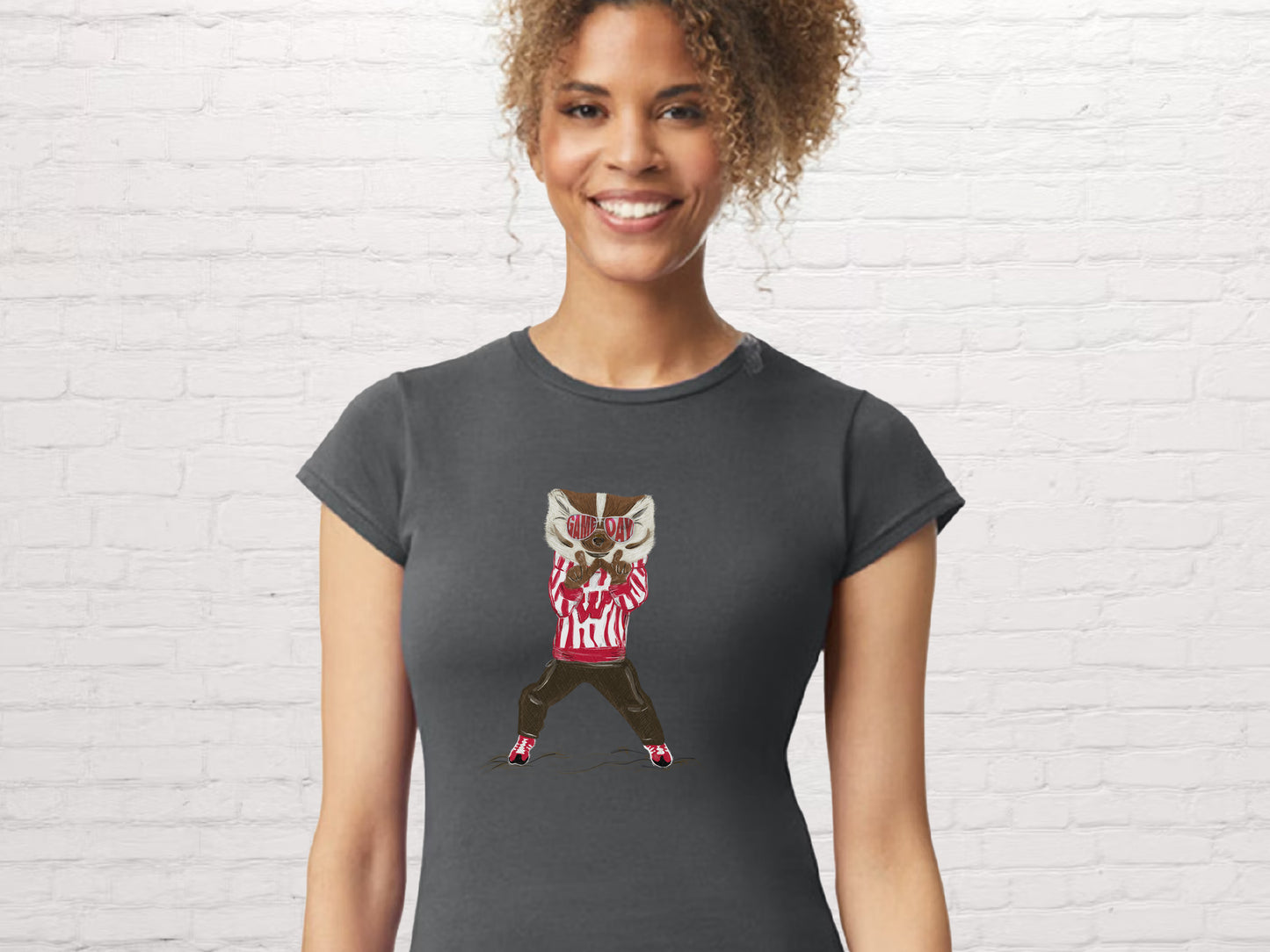 Women Fitted Wisconsin Game Day W Hand Sign Tee | Tees | Fitted Tshirt | Junior Women Sizing | Illustration | Wisconsin | Bucky Badger | UW