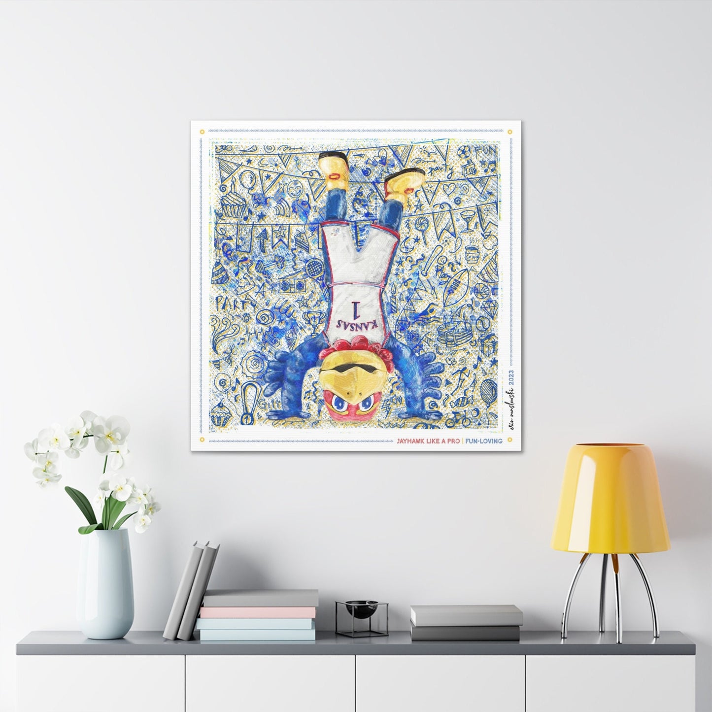 Jayhawk like a Pro | Fun-Loving | Handstand | KU Blue Sketches | Canvas Print | No Frame Needed